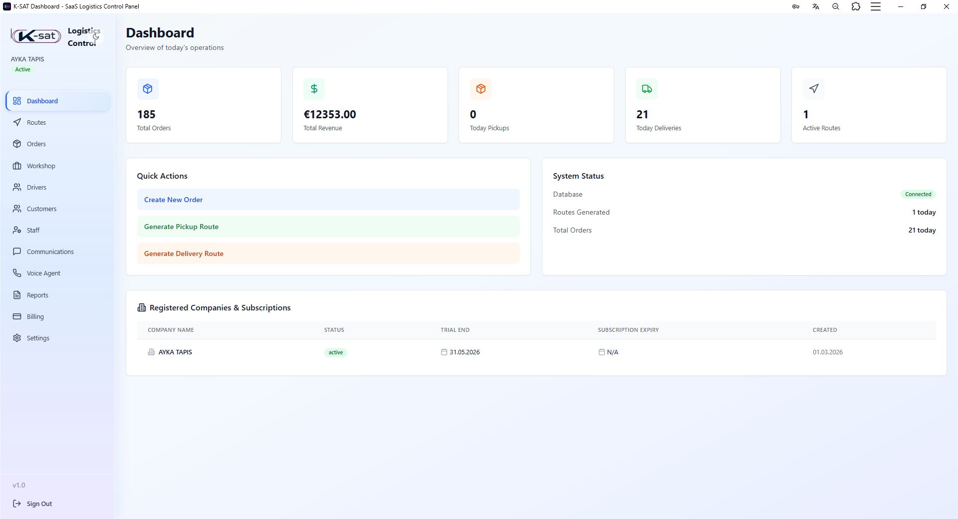 K-SAT Logistics ERP — dashboard de gestion de tournées